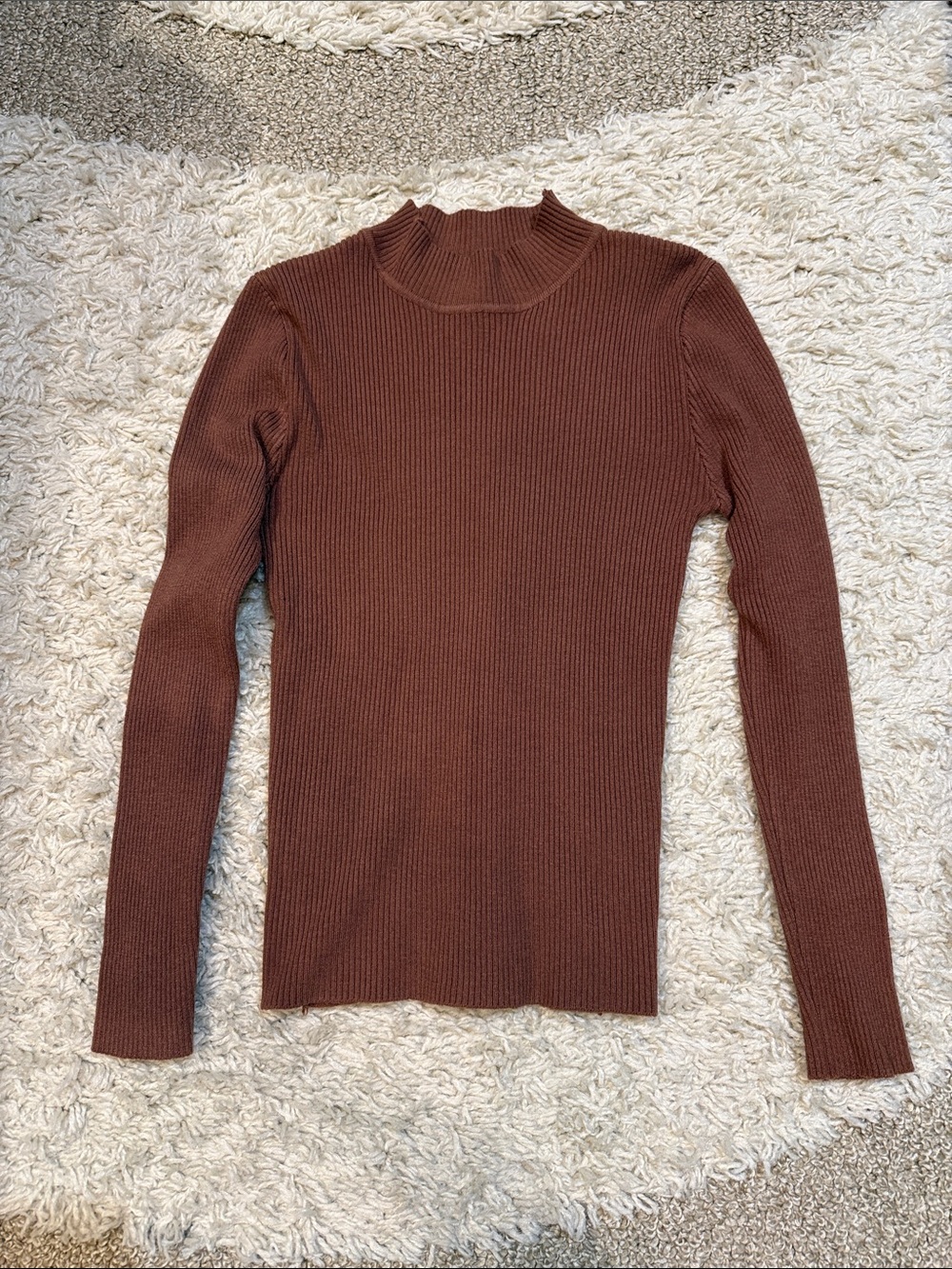 SHEIN Brown Ribbed Mock Neck Long Sleeve Top